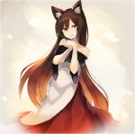  animal_ears bare_shoulders beige_background black_nails brown_hair collarbone commentary dress eyebrows_visible_through_hair fingernails hair_between_eyes hands_up highres imaizumi_kagerou long_dress long_fingernails long_hair long_sleeves looking_at_viewer multicolored multicolored_clothes multicolored_dress nail_polish off-shoulder_dress off_shoulder own_hands_together parted_lips red_dress red_eyes rin_falcon smile solo touhou very_long_hair white_dress wide_sleeves wolf_ears 