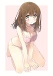  barefoot bra breasts brown_eyes brown_hair cleavage kneeling leaning_forward long_hair original panties pink_bra pink_panties solo tsuke_(maholabo) underwear underwear_only 