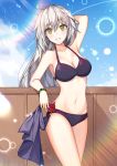  ahoge arm_behind_head arm_up bikini black_bikini blue_sky bracelet breasts cleavage cloud cloudy_sky day eyebrows_visible_through_hair fate/grand_order fate_(series) floating_hair flower grin hair_between_eyes highres jeanne_d'arc_(alter)_(fate) jeanne_d'arc_(fate)_(all) jewelry lens_flare light_particles long_hair looking_at_viewer medium_breasts navel oguri_(pixiv25574366) outdoors red_flower red_rose ringed_eyes rose sideboob silver_hair sky smile solo sunlight swimsuit very_long_hair yellow_eyes 