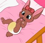 baby bed big_ears blush bow cub diaper feet female lagomorph mammal pawpads rabbit smile solo uniamoon urine wet_diaper young 