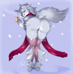  2018 anthro barefoot bent_over beverage big_butt biped black_nose blue_eyes butt butt_pose calf_tuft canid canine canis clothing container cup eyebrows feet female fluffy fluffy_tail fur grey_body grey_fur grey_hair hair half-closed_eyes hi_res holding_object knock-kneed latex leg_tuft legwear looking_at_viewer looking_back mammal maria_whiteblood mostly_nude mug multicolored_body multicolored_fur narrowed_eyes plantigrade pose presenting presenting_hindquarters rear_view scarf scarf_only signature simple_background skindentation smile snow solo squish standing steam tail teeth thick_thighs thigh_highs thigh_squish tuft two_tone_body two_tone_fur unregisteredcat white_body white_fur wolf 