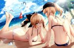  ;d ahoge aqua_eyes artoria_pendragon_(all) ass bangs barefoot beach bikini black_bikini black_bow blonde_hair blue_eyes blurry blurry_background blush bow breasts cleavage cloud cloudy_sky collarbone commentary_request day eyebrows_visible_through_hair fate/grand_order fate/unlimited_codes fate_(series) food hair_between_eyes hair_bow happy holding horizon ice_cream long_hair looking_at_viewer lying multiple_girls mysterious_heroine_x necomi ocean on_stomach one_eye_closed open_mouth outdoors palm_tree ponytail profile saber_lily sand sky smile splashing swimsuit tree wet white_bikini 