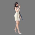  3d absurdres alternate_costume black_hair brown_hair dissidia_final_fantasy dissidia_final_fantasy_nt dress final_fantasy final_fantasy_viii full_body grey_background high_heels highres index_finger_raised long_hair looking_at_viewer multicolored_hair official_art rinoa_heartilly simple_background smile solo square_enix two-tone_hair weapon white_dress white_footwear 