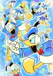  2018 4_fingers abstract_background angry anthro avian bird blue_sclera bottomless bow_tie clenched_teeth clothed clothing crossed_arms disney donald_duck duck feathers fist hat hi_res looking_at_viewer multiple_poses pose sailor_hat sailor_outfit teeth tettyamansp webbed_feet white_feathers 