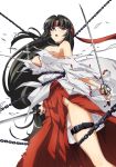  artist_request black_hair bound breasts chain commentary_request hakama headband japanese_clothes katana large_breasts long_hair low-tied_long_hair miko official_art open_mouth purple_eyes queen's_blade red_hakama ribbon-trimmed_sleeves ribbon_trim solo sword thigh_strap tomoe torn_clothes weapon 