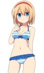  alice_margatroid ass_visible_through_thighs bare_arms bare_shoulders bikini blonde_hair blue_bikini blue_bow blue_eyes blush bow bow_bikini breasts cameltoe cleavage collarbone commentary cowboy_shot enushi_(toho193) eyebrows_visible_through_hair frilled_bikini_bottom groin hair_between_eyes hairband halterneck hand_on_own_chest hand_up highres looking_at_viewer medium_breasts navel red_hairband simple_background solo standing stomach striped striped_bikini swimsuit thighs touhou white_background 