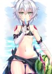  arm_belt ass_visible_through_thighs bandaged_arm bandages bangs bare_shoulders belt bikini black_bikini black_legwear blush breasts collarbone eating eyebrows_visible_through_hair fate/grand_order fate_(series) food fruit green_eyes hair_between_eyes highres jack_the_ripper_(fate/apocrypha) knife looking_at_viewer lowleg lowleg_bikini miyabi_urumi navel popsicle sarong scar short_hair silver_hair solo standing swimsuit tattoo thigh_gap thighhighs twitter_username watermelon weapon 