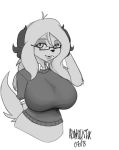  anthro aronhilistix big_breasts breasts canine clothed clothing eyewear female glasses greyscale hair huge_breasts looking_at_viewer mammal monochrome simple_background solo 