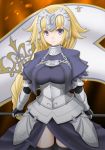  armor armored_dress banner black_legwear blonde_hair blue_dress blue_eyes braid breasts bridal_gauntlets capelet chain dress elbow_gloves embers fate/apocrypha fate_(series) faulds fire flag gauntlets gloves graphite_(medium) headpiece highres jeanne_d'arc_(fate) jeanne_d'arc_(fate)_(all) large_breasts lips long_braid long_hair orange_background pauldrons purple_eyes single_braid smile solo standing t2r thighhighs traditional_media very_long_hair 