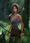  absurdres arrow bandaged_leg bandages bare_shoulders blood bow_(weapon) breasts brown_eyes brown_hair bruise cleavage closed_mouth dirty highres holding holding_weapon injury jewelry jungle lara_croft leaf long_hair machete nature necklace outdoors qianyu_mo quiver red_lips sunlight tank_top tomb_raider tomb_raider_(reboot) torn_clothes tree watch weapon 