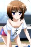  10s 1girl all_fours blush bow breasts brown_hair downblouse frown hair_bow hair_ornament haruna_(kore_wa_zombie_desu_ka?) kore_wa_zombie_desu_ka? loose_clothes no_bra purple_eyes short_hair shorts small_breasts solo 