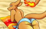  ambiguous_gender anthro beach bear213 charizard clothing digital_media_(artwork) lying male naughty_(bear213) nintendo on_front pok&eacute;mon pok&eacute;mon_(species) pok&eacute;morph seaside swimsuit towel video_games 