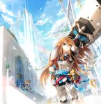  armor belt bird cannon chung_seiker cityscape day deadly_chaser_(elsword) elsword highres iron_paladin_(elsword) long_hair malmaron multiple_boys ribbon scarf sitting sky tactical_trooper_(elsword) 