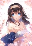  apple_caramel black_hair blue_eyes blush book breasts cherry_blossoms cleavage hairband holding holding_book idolmaster idolmaster_cinderella_girls large_breasts long_hair looking_at_viewer off-shoulder_sweater off_shoulder ribbed_sweater sagisawa_fumika shawl sweater tearing_up 