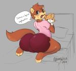  anthro aronhilistix bed big_butt blush bulge butt clothed clothing kneeling looking_back male mammal mustelid open_mouth otter plushie solo thick_thighs 
