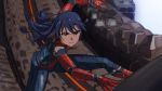  avengers:_infinity_war bangs bin1production blue_hair blurry blurry_background bodysuit brown_eyes closed_mouth cosplay crossover floating_hair idolmaster idolmaster_(classic) kisaragi_chihaya long_hair looking_at_viewer marvel parody pose smile solo spider-man spider-man:_homecoming spider-man_(cosplay) standing style_parody superhero_landing taku1122 v-shaped_eyebrows 