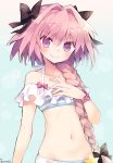  astolfo_(fate) bikini bikini_top bow braid commentary_request fang fate/grand_order fate_(series) hair_bow hair_intakes hand_on_own_chest highres long_hair male_focus navel otoko_no_ko pink_eyes pink_hair ponytail ribbon smile solo striped striped_bikini swimsuit upper_body very_long_hair yuzuki_gao 
