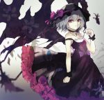  beckzawachi black_dress black_hat black_wings bow choker dress eyebrows_visible_through_hair floating_hair gothic_lolita grey_background hair_between_eyes hat hat_bow lolita_fashion parted_lips purple_bow red_eyes remilia_scarlet short_hair silver_hair sketch sleeveless sleeveless_dress solo standing touhou wings wrist_cuffs 