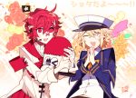  ;) bad_id bad_twitter_id bandage_over_one_eye bandages blonde_hair coat fukase hat hat_removed head_flag headwear_removed lowres male_focus multiple_boys oliver_(vocaloid) one_eye_closed pale_skin red_eyes red_hair sailor_collar sailor_hat smile top_hat uoshi_(uoshi777) upper_body vocaloid 
