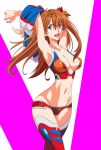 adapted_costume armpits arms_behind_head bikini blue_eyes breasts cleavage clothes_writing covered_nipples hair_ornament long_hair medium_breasts neon_genesis_evangelion open_mouth orange_hair red_bikini red_legwear slender_waist solo souryuu_asuka_langley swimsuit thighhighs undressing yamayoshi 