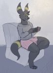  anthro black_nose bulge clothing edjit eeveelution erection fan_character hoodie male mammal nintendo nintendo_switch pok&eacute;mon pok&eacute;mon_(species) simple_background umbreon underwear video_games 