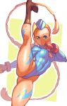  1girl ass blonde_hair breasts cammy_white capcom curvy female fingerless_gloves glo-s-s hat highleg_leotard kicking legs_up leotard partially_visible_vulva shiny street_fighter thighs upper_body 