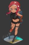  absurdres asymmetrical_sleeves boots breasts commentary dark_skin dated domino_mask full_body highres leaning_forward looking_at_viewer mask medium_breasts midriff navel octarian octoling open_mouth pencil_skirt pointy_ears red_hair skirt solo splatoon_(series) splatoon_2 splatoon_2:_octo_expansion tentacle_hair thigh_strap yu-ri 