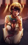  armlet breasts brown_eyes brown_hair civilization_(series) civilization_vi cleavage cleopatra curvy dark_skin dress egyptian egyptian_clothes eyelashes eyeliner eyeshadow full_body gold_trim grabbing headdress highres jewelry large_breasts lips lipstick luminyu makeup mascara open_mouth pink_lipstick purple_eyeshadow sagging_breasts self_fondle signature solo usekh_collar 
