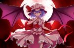  bat_wings blue_hair commentary_request dress hat looking_at_viewer md5_mismatch mob_cap moon red_dress red_eyes red_moon remilia_scarlet short_hair smile snozaki touhou wings 