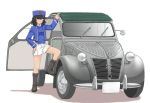  andou_(girls_und_panzer) bc_freedom_(emblem) bc_freedom_military_uniform black_footwear black_hair blue_hat blue_jacket blue_vest boots brown_eyes car citroen_2cv closed_mouth commentary_request dark_skin dress_shirt emblem foot_up frown girls_und_panzer ground_vehicle hand_on_hip hat high_collar jacket knee_boots long_sleeves looking_at_viewer medium_hair messy_hair military military_hat military_uniform miniskirt motor_vehicle pleated_skirt shadow shako_cap shirt simple_background skirt solo standing uniform uona_telepin vest white_background white_shirt white_skirt 