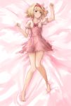  bangs barefoot bed_sheet blonde_hair bow bowtie brown_eyes dakimakura djeeta_(granblue_fantasy) frilled frilled_skirt frills from_above full_body granblue_fantasy hairband highres looking_at_viewer lying miniskirt on_back pink_bow pink_skirt red_hairband shinori_(efvbji6264) short_hair short_sleeves skirt smile solo swept_bangs 