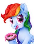  2016 bite blue_feathers blush bust_portrait colored_pencil cute dessert doughnut eating equine eyelashes feathered_wings feathers female feral food friendship_is_magic frosting hair holding_food holding_object hooves long_hair looking_at_viewer mammal multicolored_hair my_little_pony nude open_mouth open_smile pegasus portrait purple_eyes rainbow_dash_(mlp) rainbow_hair simple_background smile solo sprinkles text tongue traditional_media_(artwork) url vird-gi white_background wings 