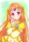  arm_behind_back blush bow brown_hair capelet character_name choker cure_muse_(yellow) eyebrows_visible_through_hair frilled_capelet frills hair_bow hoshino_kagari long_hair precure purple_eyes shiny shiny_hair shirabe_ako smile solo suite_precure upper_body v very_long_hair yellow_bow yellow_capelet 