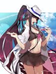  bangs bikini bikini_skirt black_bikini black_hair blue_ribbon blunt_bangs bow breasts cleavage cloud cloudy_sky coat commentary_request cosplay cowboy_shot fate/grand_order fate_(series) food front-tie_top gradient_hair hair_ribbon hat holding ice_cream long_hair long_sleeves looking_at_viewer medium_breasts multicolored_hair navel open_clothes open_coat open_mouth oryou_(fate) pink_bow pink_eyes pink_hair ribbon sakamoto_ryouma_(fate) sakamoto_ryouma_(fate)_(cosplay) sky solo swimsuit v very_long_hair white_coat white_hat ya_4004 