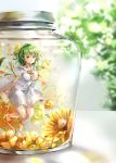 alternate_costume alternate_hairstyle ankle_ribbon barefoot blurry blurry_background blush breasts collarbone commentary dress eyebrows_visible_through_hair flower frilled_shirt_collar frills green_hair hair_between_eyes hair_flower hair_ornament half_updo highres in_container jar kazami_yuuka large_breasts lens_flare looking_at_viewer minigirl puffy_short_sleeves puffy_sleeves red_eyes ribbon rose sailor_collar sailor_dress shironeko_yuuki short_hair short_sleeves smile solo sunflower thighs touhou white_dress yellow_flower yellow_neckwear yellow_ribbon yellow_rose 