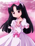  black_hair capelet fusano_kirara gegege_no_kitarou gothic_lolita hairband lolita_fashion long_hair long_sleeves pink_background red_eyes shishinon solo 