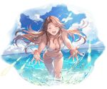  bangs bare_shoulders bikini breasts brown_hair cleavage closed_eyes cloud cloudy_sky collarbone day earrings eyebrows_visible_through_hair granblue_fantasy jewelry katalina_aryze large_breasts lens_flare long_hair minaba_hideo navel official_art open_mouth outdoors shiny sky smile solo splashing sunlight swimsuit transparent_background wading water water_drop white_bikini 