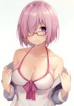  bare_shoulders black-framed_eyewear blush bow breasts cleavage collarbone commentary_request fate/grand_order fate_(series) front-tie_top glasses hair_over_one_eye large_breasts lavender_hair light_smile long_sleeves looking_at_viewer mash_kyrielight muryotaro pink_bow purple_eyes short_hair smile sweatdrop swimsuit swimsuit_of_perpetual_summer upper_body white_background white_swimsuit 