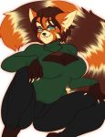  anthro big_breasts breasts cleavage_cutout clothed clothing crouching eyewear female glasses looking_at_viewer mammal mixideer red_panda simple_background smile solo thick_thighs 