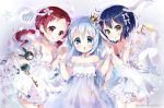  anko_(gochiusa) bangs blue_eyes blue_hair blush bow breasts brown_eyes chestnut_mouth chimame-tai commentary_request crown dress eyebrows_visible_through_hair frilled_dress frills girl_sandwich gochuumon_wa_usagi_desu_ka? hair_between_eyes hair_bow hair_ornament heart holding_hands jouga_maya kafuu_chino key long_hair looking_at_viewer low_twintails mini_crown multiple_girls natsu_megumi neki_(wakiko) panties parted_lips red_hair ribbon sandwiched see-through small_breasts smile strapless strapless_dress tippy_(gochiusa) twintails twitter_username underwear very_long_hair white_bow white_dress white_panties white_ribbon wild_geese 