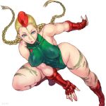  bangs bare_shoulders beret blonde_hair blue_eyes boots braid breasts cammy_white camouflage commentary_request covered_collarbone covered_nipples fingerless_gloves gloves green_leotard hat knee_boots large_breasts leotard lips long_hair looking_at_viewer parted_lips scar shu-mai signature simple_background sleeveless solo street_fighter thighs twin_braids very_long_hair white_background 