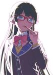  artist_name bangs black_hair black_jacket blazer blue_eyes blunt_bangs blush bow bowtie buttons commentary_request dated glasses hair_ornament hairclip highres jacket licking long_hair long_sleeves looking_at_viewer nijisanji pink_bow red-framed_eyewear school_uniform shiwasu_takashi tongue tongue_out tsukino_mito upper_body virtual_youtuber white_background 