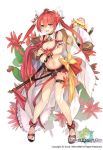  :o ahoge bare_legs bow breasts cleavage commentary_request copyright_name dreamlight2000 flower flower_knight_girl full_body hair_flower hair_ornament hoshikujaku_(flower_knight_girl) jacket_on_shoulders large_breasts long_hair looking_at_viewer midriff navel object_namesake official_art open_mouth red_hair sandals shoe_bow shoes simple_background solo standing sword thighlet twintails weapon white_background yellow_bow yellow_eyes 