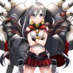  ahoge bare_shoulders blush breasts budget_sarashi commentary_request cosplay gloves grey_eyes grey_hair gunbuster_pose hair_between_eyes hair_ribbon kantai_collection kiyoshimo_(kantai_collection) kyon_(fuuran) long_hair looking_at_viewer low_twintails machinery miniskirt musashi_(kantai_collection) musashi_(kantai_collection)_(cosplay) navel partly_fingerless_gloves pleated_skirt ribbon rigging sarashi skirt smile solo torpedo torpedo_tubes turret twintails very_long_hair white_background 