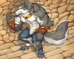 abs anthro biceps big_muscles black_nose canine captainjohkid claws clothing digital_media_(artwork) fur hi_res male mammal muscular pecs simple_background white_fur wolf 