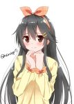  alternate_costume black_hair blush bow brown_eyes closed_mouth commentary eyebrows_visible_through_hair hair_between_eyes hair_bow hair_ornament hairclip haruna_(kantai_collection) hoshino_kagari kantai_collection long_hair long_sleeves looking_at_viewer orange_bow simple_background smile solo twitter_username white_background 