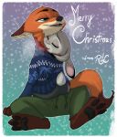  2018 anthro breath bulge butt canine clothed clothing dipstick_ears dipstick_tail disney duo english_text female fox green_eyes hug judy_hopps lagomorph male male/female mammal multicolored_tail nick_wilde on_lap pawpads rabbit robcivecat shared_clothing sitting sitting_on_lap snow sweater text zootopia 
