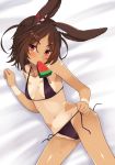  alternate_costume animal_ears ass_visible_through_thighs azur_lane bangs bare_shoulders bed_sheet bikini breasts brown_hair bunny_ears collarbone dark_skin food from_above graphite_(medium) groin highres i-26_(azur_lane) kiyomin looking_at_viewer lying navel on_back one-piece_tan parted_bangs popsicle red_eyes shiny shiny_skin short_hair side-tie_bikini small_breasts solo stomach swimsuit tan tanline thighs traditional_media untied untied_bikini 