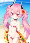  alternate_hairstyle arms_behind_back azur_lane bangs bare_shoulders beach bikini bow_bikini breasts collarbone commentary_request day eyebrows_visible_through_hair floral_print flower groin hair_between_eyes hair_flower hair_ornament hamakaze_(azur_lane) headgear highres horns innertube koko_ne_(user_fpm6842) long_hair looking_away navel ocean outdoors pink_hair print_innertube red_eyes red_flower sand side-tie_bikini signature small_breasts solo standing striped striped_bikini swimsuit twintails very_long_hair water 