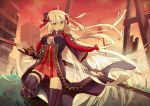  aliasing armor blonde_hair breasts building city cleavage dress fate/grand_order fate_(series) garter gloves gray_eyes japanese_clothes long_hair ruins sakura_saber sakura_saber_alter sword tagme_(artist) thighhighs weapon zettai_ryouiki 